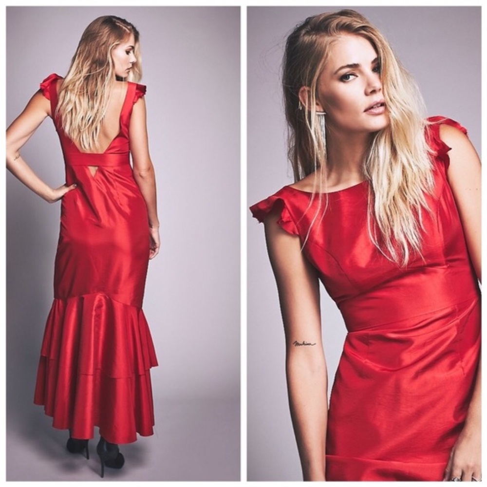 Free People Goddess Special Gown Edition Red Taffeta Mermaid Ruffled Maxi Dress